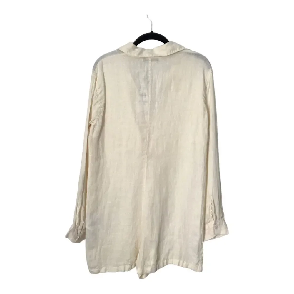 Zara Romper Size XS‎ Tied 100% Linen Oyster White Long Sleeve V-Neck Jumpsuit